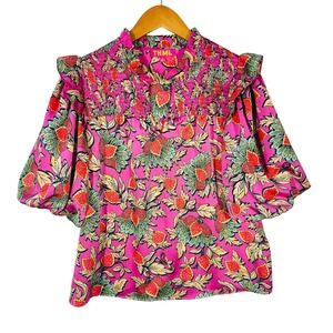 THML Blouse Women's Medium Pink Floral Smocked Puff Sleeve Boho Top Cottagecore
